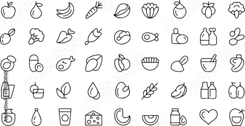 60 Food and Drink Icons: Healthy Eating, Nutrition, Recipes, Cuisine, and Diet Isolated white background