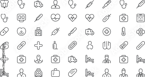 60 Medical and Health Icons: Doctors, Hospitals, Treatments, Patients, and Healthcare Isolated white background