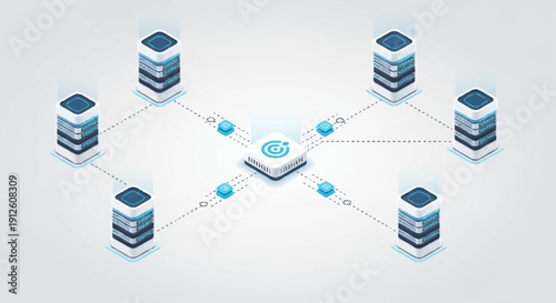 Network of interconnected database servers and central hub.