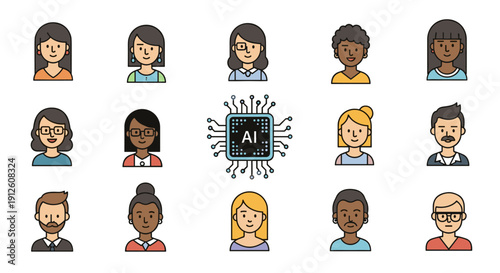 Diverse group of illustrated cartoon avatars representing various people and demographics, centered around an artificial intelligence chip.