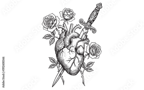 human heart pierced by a dagger and surrounded by blooming roses. Hand-drawn engraving style.