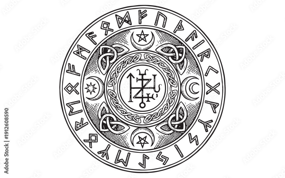 Obraz premium Mystical alchemy circle featuring ancient runic symbols, celestial moons, and a central occult sigil. Hand-drawn engraving style.