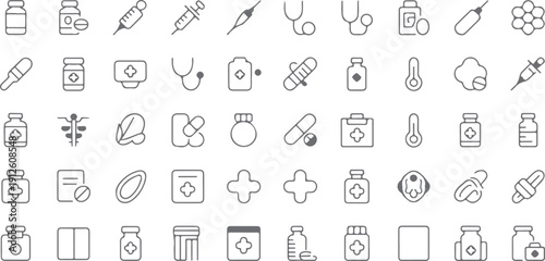 60 Medical and Pharmacy Icons: Health, Drugs, Treatment, Medicine, and Healthcare Isolated white background