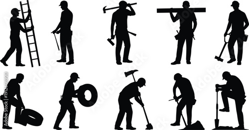 Silhouettes of construction workers using tools including ladder, wrench, sledgehammer, shovel, pickaxe, and beam, versatile illustration representing labor, industry, and teamwork