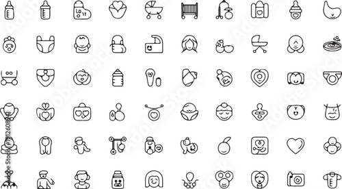 Baby and Infant Icons: Bottles, Strollers, Diapers, and Cute Baby Items for New Parents Isolated white background