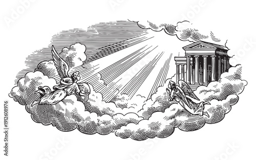 Divine celestial temple with classical Greek columns floating among high clouds and winged angels. Hand-drawn engraving style.