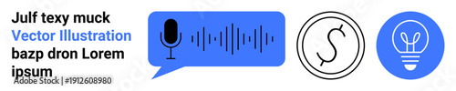 Voice recognition, innovation, finance, digital communication, analysis, and technology. Speech bubble with microphone, currency symbol and light bulb. Voice recognition and innovation concepts