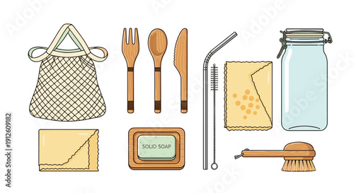 A comprehensive collection of eco-friendly, reusable items for sustainable living, including cutlery, bags, and cleaning tools, promoting zero-waste practices.