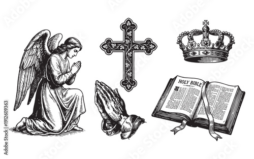 Set of Christian religious symbols including a praying angel, cross, crown, bible, and praying hands. Hand-drawn engraving style.