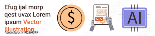 Artificial intelligence, finance management, digital analytics, software development, technology evolution, automation tools. A dollar sign, robotic hands touching a chart and an AI chip. Artificial
