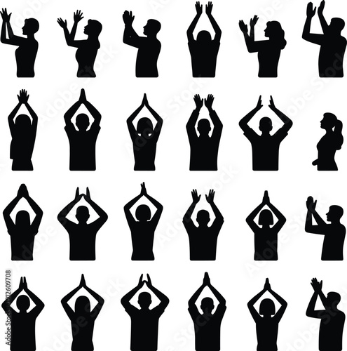 Human silhouette clapping hands collection showing applause, prayer and celebration gestures, minimalist black figures isolated on white background for communication, worship, yoga and success 