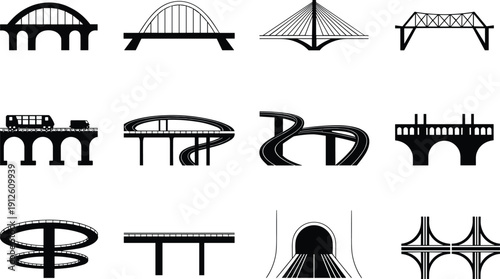 Bridge And Road Infrastructure Silhouette Icon Set Featuring Various Bridge Types, Overpasses And Tunnels In Black And White Vector Style For Engineering Design