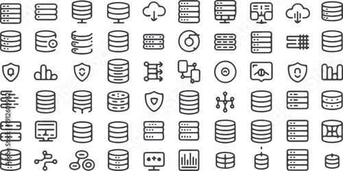 Database and Server Icons: Cloud Storage, Data Centers, and Network Symbols for IT and Connectivity Isolated white background