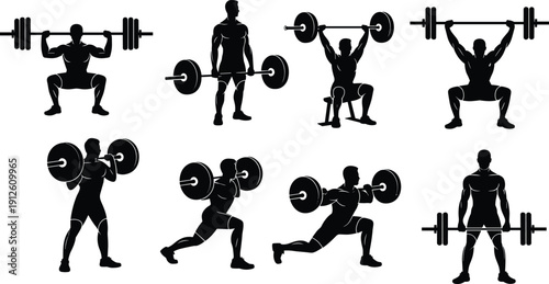 Weightlifting athlete silhouette set performing barbell squat, clean, press and lunge exercises isolated on white background for fitness and gym design