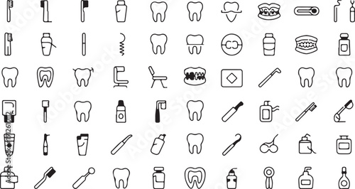 Dental Icons: Toothbrush, Toothpaste, Dentist Chair, Teeth, Oral Hygiene, and Dental Care Symbols Isolated white background
