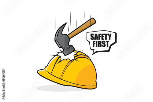 Yellow safety helmet protecting against hammer impact with Safety First message. Workplace safety, head protection and construction safety concept vector illustration.