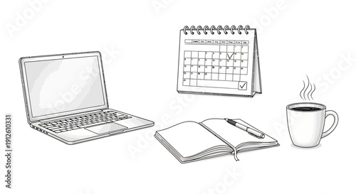 Desk Workspace: Laptop, Calendar, Notebook, Pen, Coffee Mug - Business Planning & Productivity