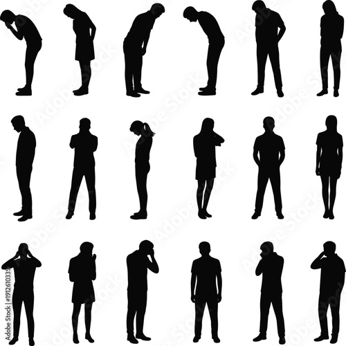 Depressed and tired people silhouettes set showing men and women in sad, stressed and thoughtful poses, emotional body language and mental health concepts isolated on white background