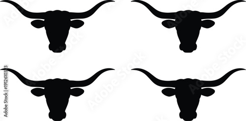Bull head silhouette set featuring longhorn cattle horns, bold western animal icons for ranch branding, logos, tattoos, decals, and rustic graphic design projects