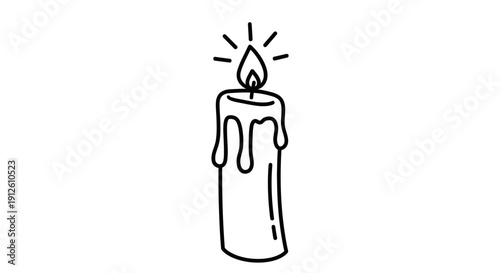 Drawn Candle Flame Burning Brightly with Dripping Wax, Simple Line Art Icon