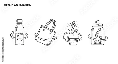 Eco-friendly lifestyle icons: reusable bottle, tote bag, plant, and mason jar with berries.