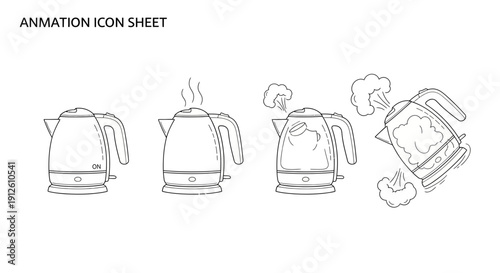 Electric Kettle Animation Icon Sheet: Boiling Water, Steam, and Pouring