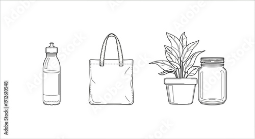 Eco-friendly reusable items: water bottle, tote bag, potted plant, and mason jar on white background