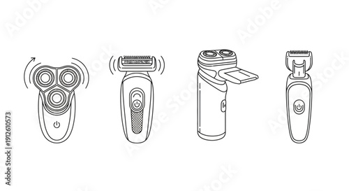 Electric Shaver Set: Rotary, Foil, Trimmer, and Accessories - Line Art Icons