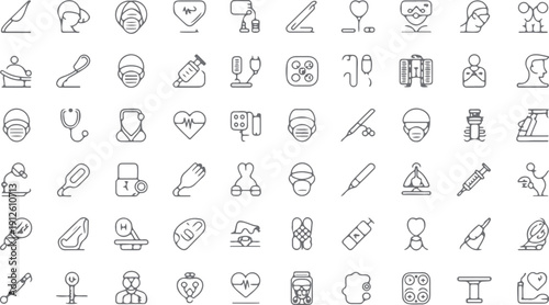 Healthcare Medical Icons: Stethoscope, Syringe, Mask, Heartbeat, Doctor, Nurse, Virus Isolated white background
