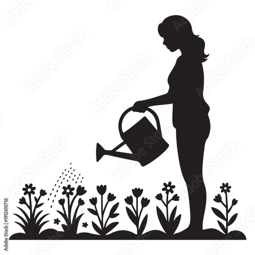 Woman watering flowers in a garden with a watering can, silhouette of a person tending to plants