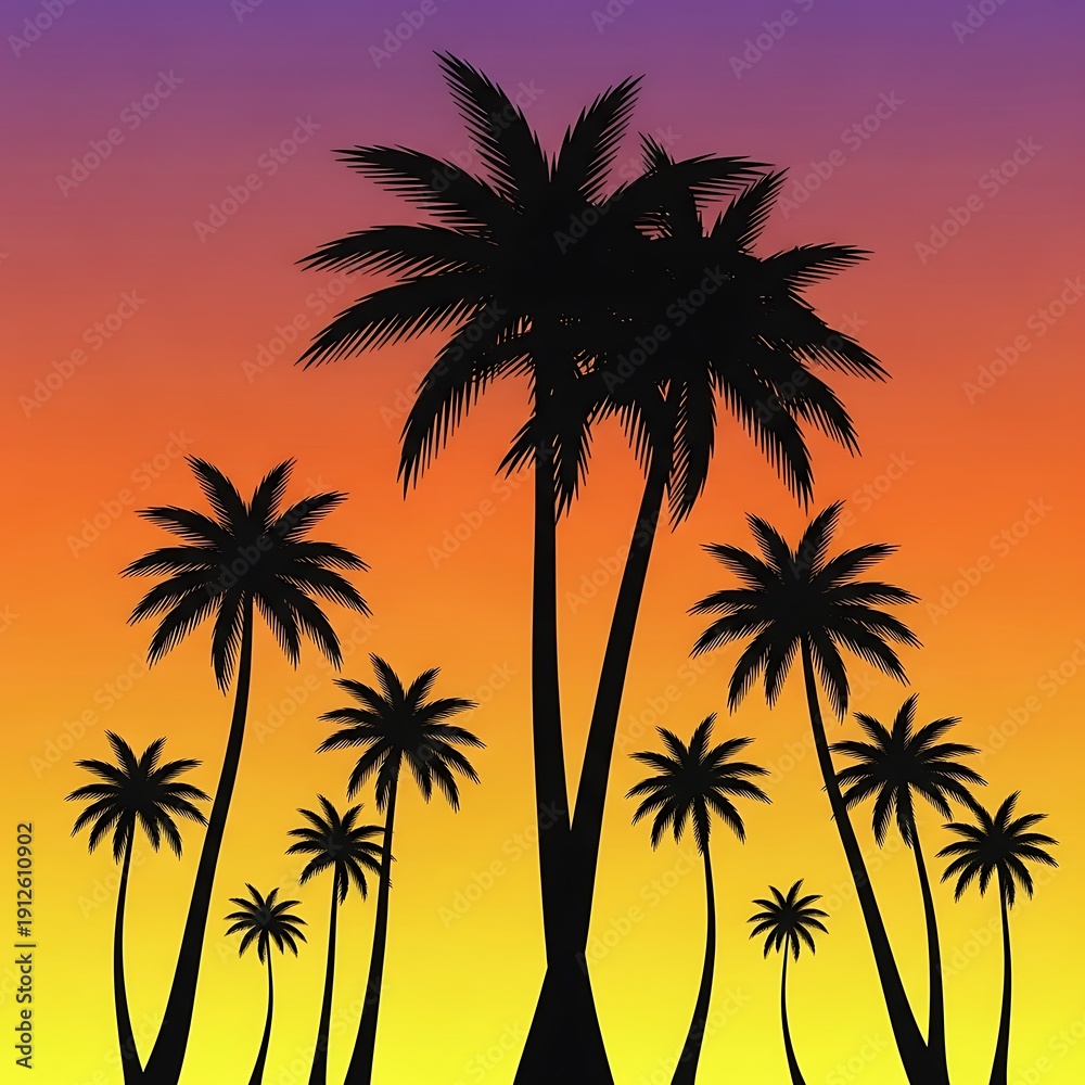 Obraz premium Silhouette of Palm Trees Against a Vibrant Sunset Sky.