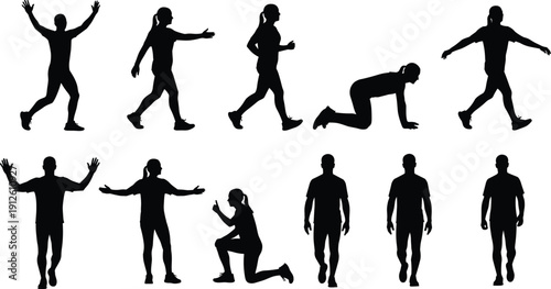Black people silhouettes in various poses, walking, running, standing, kneeling, and cheering, cad drawing flat vector illustration for architectural visualization.