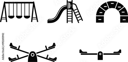 Black playground equipment silhouettes, swing set, slide, seesaw, and climbing frame icons, cad drawing flat vector illustration for park design.