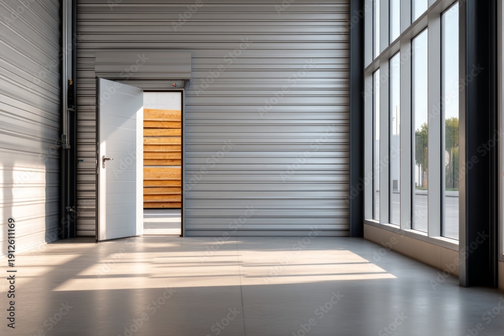 Fototapeta premium Modern Storage Room with Open Steel Door and Abundant Natural Light