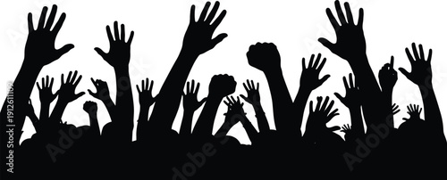 Crowd of raised hands silhouette with various gestures including open palms and fists for protest, celebration, or audience participation events, cad drawing flat vector illustration