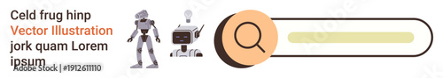 Artificial intelligence, robotics, technology search, futurism, digital interfaces, data exploration. Two robots and an oversized search bar with a magnifying glass icon. Robotics and technology