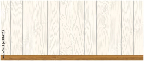 白い木目壁とウッドシェルフの背景素材 / White Wood Wall and Wooden Shelf Background