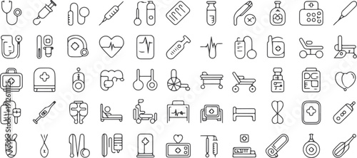 Medical and Healthcare Icons: Pills, Stethoscopes, Thermometers, and First Aid Isolated white background
