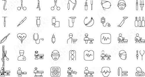 Medical and Surgical Icons: Scalpel, Forceps, Syringe, Doctor, Patient, Operation Isolated white background