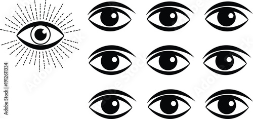 Human eye icons set with various pupil expressions, visionary eye with light rays, mystic sight symbols for security and vision, cad drawing flat vector illustration