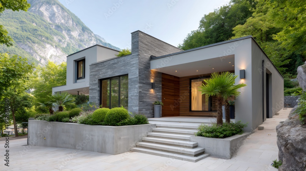 Fototapeta premium Modern upscale minimalist villa architecture in a mountain setting