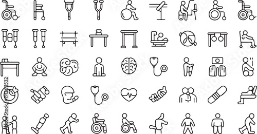 Rehabilitation and Healthcare Icons: Wheelchair, Crutches, Stethoscopes, and Patient Care Isolated white background