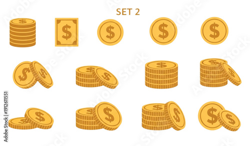 SEO Title
Cartoon Golden Dollar Coin Vector Set with Rotating Positions for Finance Graphics