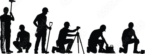 Construction worker silhouettes set showing builders kneeling and standing with tools, illustrating professional labor, engineering tasks, maintenance work, and industrial workforce activities