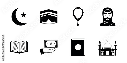 Illustrative Collection of Islam Religion Icons Featuring Mosque, Kaaba, and Muslim Worshiper Elements