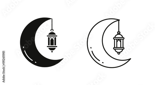 Vector illustration of a black crescent moon with a hanging lantern icon, presented in both solid fill and outline styles, isolated on transparent background for Ramadan designs.