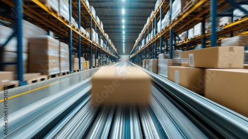 Conveyor belt in warehouse moving packages with motion blur, showing organized shelves and fast logistics in large storage facility