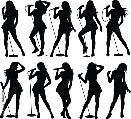 Female singer silhouette collection performing with microphone stands, energetic stage poses, live music and concert entertainment concept, black vector illustration isolated on white background