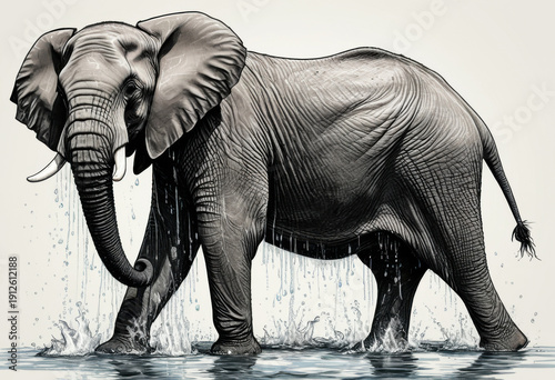 Majestic African Elephant doodle, showering itself with water from its trunk, side view