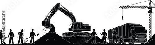 Black construction site silhouettes with workers, excavator, truck, and crane, cad drawing flat vector illustration for industrial building project design.